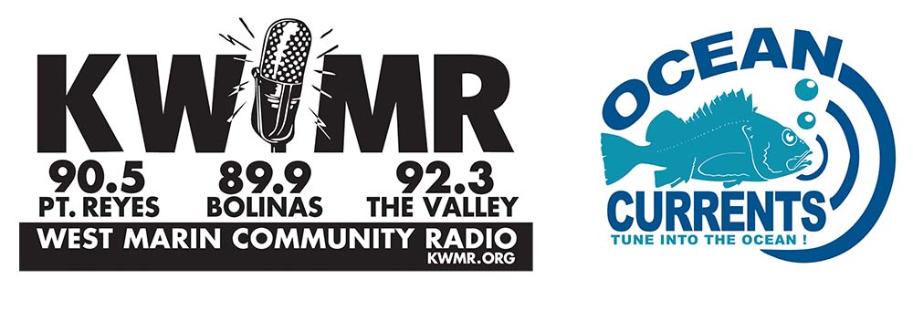 left: black letters that say KWMR West Marine Community Radio KWMR.org 90.5 Point Reyes Station, 89.9 Bolinas, 92.3 The Valley; right: a blue rockfish with a big eye and big lips with two bubbles coming out of its mouth, text on logo reads Ocean Currents Tune into the Ocean! 