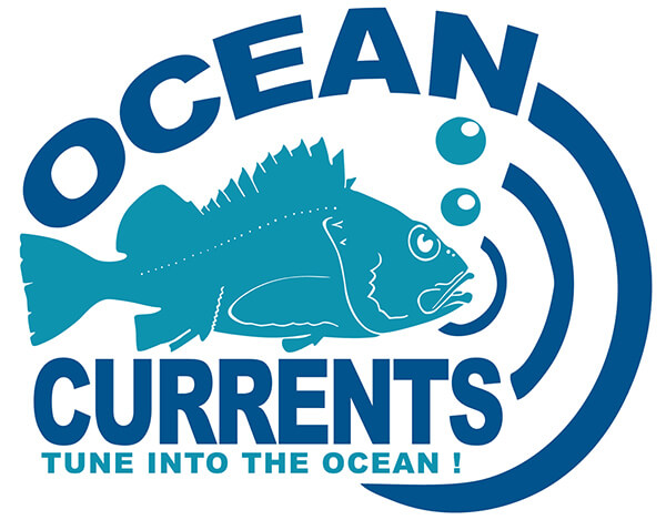 blue rockfish with a big eye and big lips with two bubbles coming out of its mouth, text on logo reads Ocean Currents Tune into the Ocean!